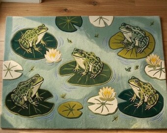 May include: A rectangular rug depicting a pond scene with five green frogs on lily pads. The rug has a light blue background with white and yellow water lilies and lily pads. The frogs are detailed with spots and textures.