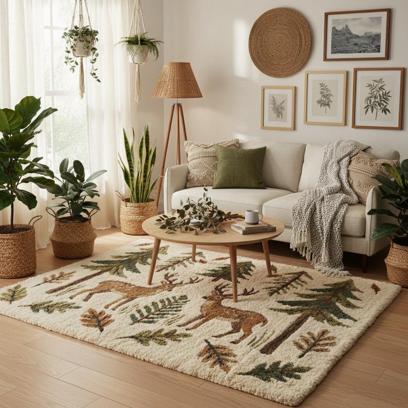 Rustic Cabin Deer Area Rug Forest Lodge Woodland Lamp Nature Living ...
