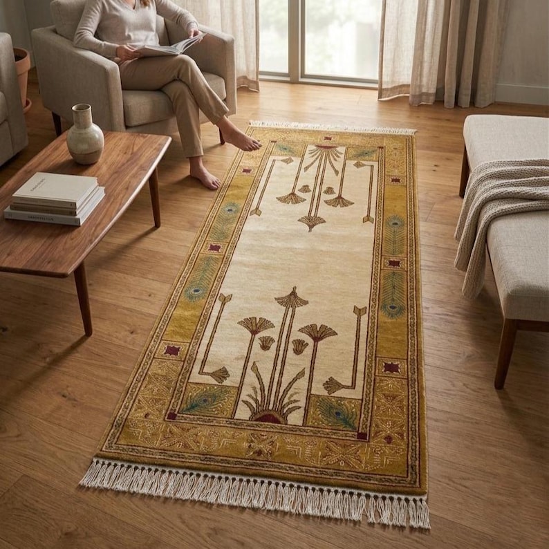 Hand knotted tree runner rug in Oushak style featuring ivory base with rust and olive floral tree pattern, long hallway wool rug with symmetrical botanical design and decorative border, handmade vintage style runner rug with fringe edges, perfect for entryway hallway decor, soft natural wool texture visible, premium artisan craftsmanship, elegant neutral home decor piece.