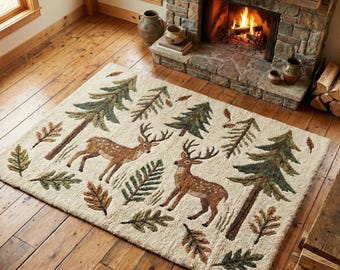 Rustic Cabin Deer Area Rug Forest Lodge Woodland Lamp Nature Living Room Decor