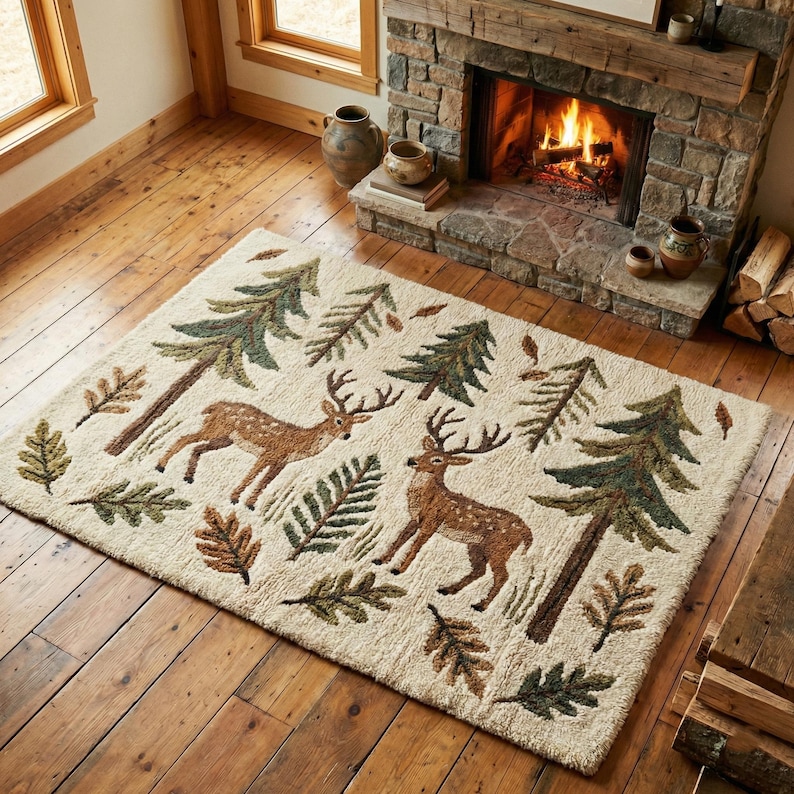 Rustic Cabin Deer Area Rug Forest Lodge Woodland Lamp Nature Living ...