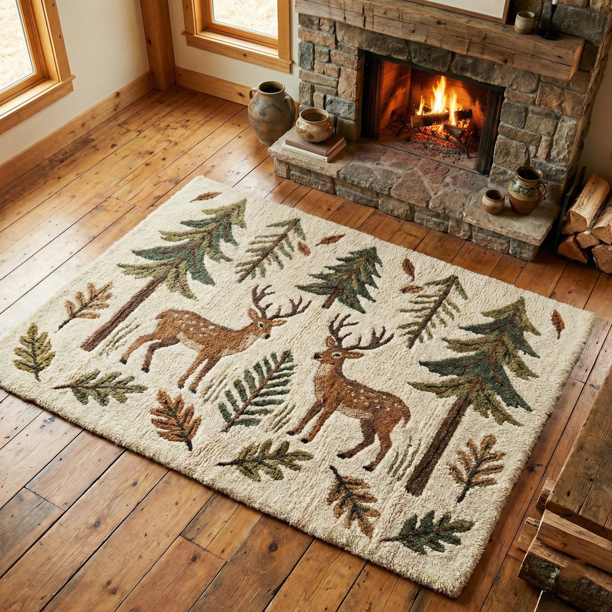 Rustic Cabin Deer Area Rug Forest Lodge Woodland Lamp Nature Living ...