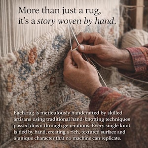 May include: Close-up of hands weaving a rug. The rug has a textured surface with a pattern of beige, blue, and orange. The text reads: "More than just a rug, it's a story woven by hand."