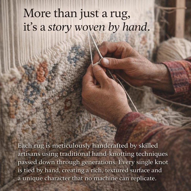 May include: Close-up of hands weaving a rug. The rug has a textured surface with a pattern of beige, blue, and orange. The text reads: "More than just a rug, it's a story woven by hand."