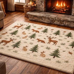 May include: A rectangular, off-white area rug with a woodland theme. The rug features brown deer, foxes, and rabbits, along with green pine trees and small leaf accents. The rug is placed on a hardwood floor.