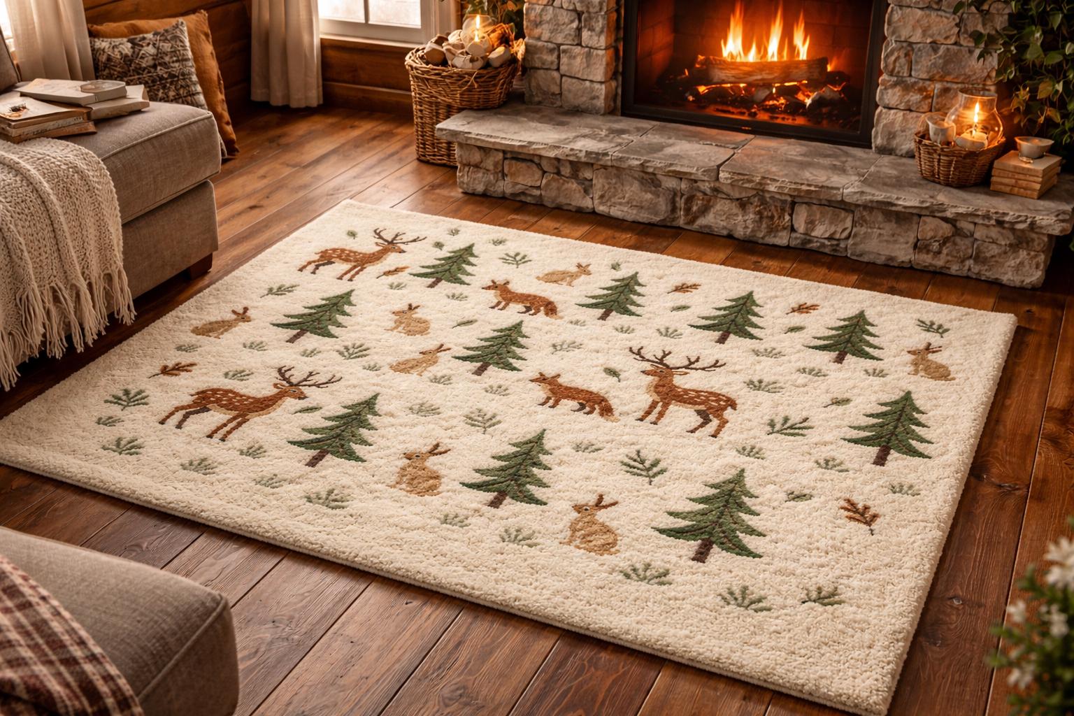 Handmade Woodland Animals Tufted Wool Rug: Deer, Fox, Rabbit, Pine Tree ...