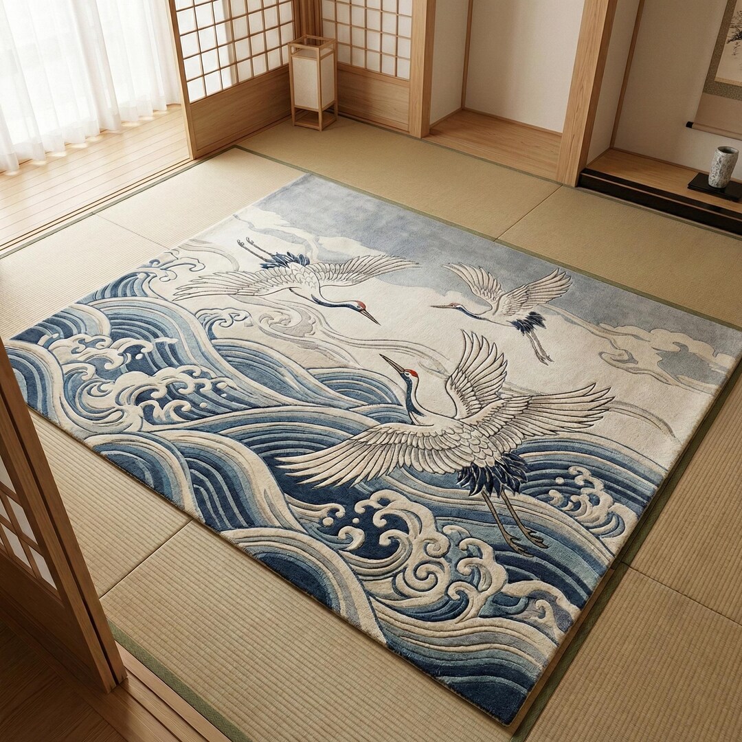 Japanese Latch Rug Hand Tufted Japanese Crane Wave Area Rug Japandi Zen Asian Home Decor ...