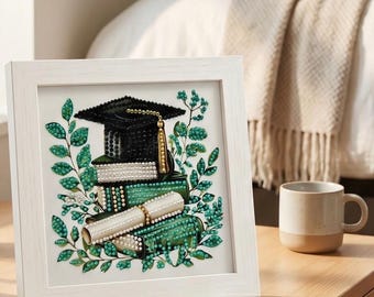 Tarjeta de graduación hecha a mano, tarjeta de felicitación de graduación pintada con diamantes, tarjeta de recuerdo enmarcable de 6x6 pulgadas, interior en blanco, opción de mensaje personalizado.