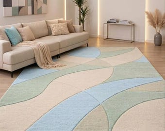 Hand Tufted Wool Rug, Abstract Wave Area Rug, Blue Green Cream Carpet, Modern Living Room Rug, Custom Size 9x12 Wool Rug