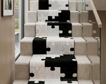 Hand-Tufted Wool Runner Rug, Black White Puzzle Stair Carpet, Modern Geometric Hallway