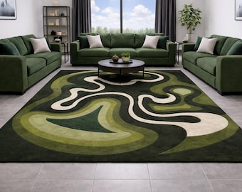 Hand Tufted Abstract Green Area Rug, Modern Olive Black Ivory Carpet (8x10)