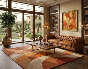 Hand Tufted Wool Rug, Abstract Geometric Terracotta Beige Carpet, Modern Living Room (8x10 ft)