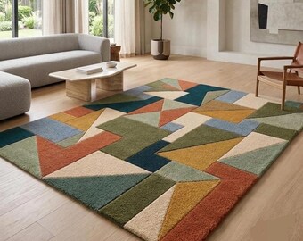 Hand Tufted Wool Area Rug: Modern Geometric Abstract Color Block Carpet (Custom Size)