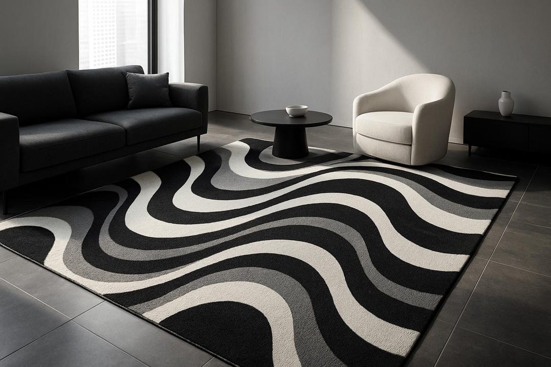 Abstract Wavy Area Rug | Modern Black and White Tufted Carpet - Etsy