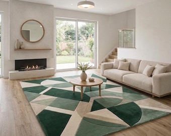 Hand-Tufted Wool Area Rug, Abstract Geometric Green Sage Cream (8x10 Custom Size)