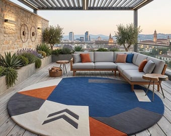 Hand Tufted Wool Round Rug, Blue Geometric Abstract Carpet, Custom Size Living Room Rug