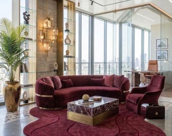 Burgundy Abstract Wool Rug, Hand Tufted 9x12 Area Rug, Modern Wavy Carpet, Custom Size