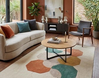 Hand-Tufted Wool Area Rug, Abstract Geometric Modern Carpet, Cream Multicolor Living Room Rug (9x12)
