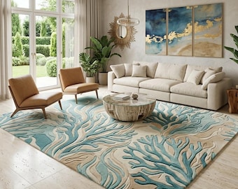 Hand Tufted Wool Coral Rug, Coastal Blue Beige Living Room Carpet, 8x10 Size