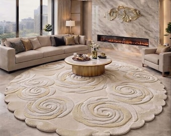 Hand Tufted Wool Round Rug, Spiral Floral Cream Beige Carpet, Luxury Living Room Rug