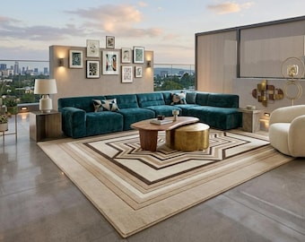 Hand-Tufted Wool Geometric Area Rug, Ivory Beige Brown, Custom Size Available