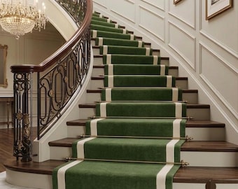 Hand-Tufted Wool Stair Runner Rug, Green Ivory Carpet, Custom Size