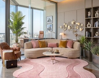 Hand-Tufted Pink Wool Rug, Abstract Organic Wave Carpet, Plush Living Room Area Rug