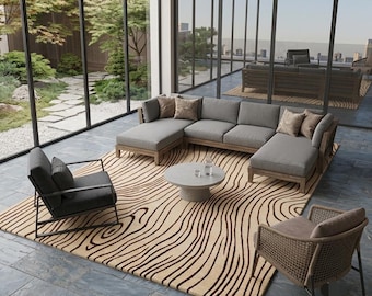 Hand-Tufted Wool Rug, Modern Abstract Woodgrain Design, Cream Brown Area Rug