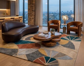 Hand-Tufted Wool Rug, Modern Abstract Geometric Area Carpet, Teal Rust Mustard Ivory Home Decor