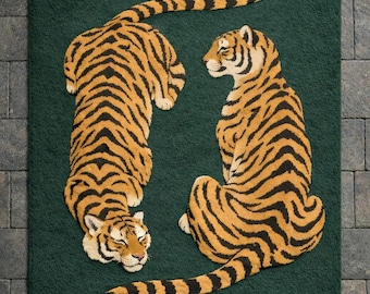 Hand Tufted Wool Tiger Rug, Green Jungle Wildlife Area woll Carpet custom size 8x10