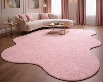 Blush Pink Irregular Hand-tufted Wool Rug, Soft Organic Carpet, Modern Curvy Nursery Decor