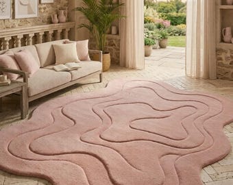 Blush Pink Abstract Hand-Tufted Rug – Organic Wavy Shape Plush Carpet