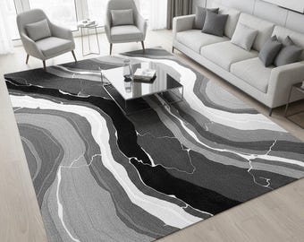 Alfombra de lana tejida a mano, alfombra de área con efecto mármol abstracto, para sala de estar en negro, gris y blanco.