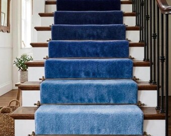 Handmade Wool Stair Runner Rug, Blue Gradient Carpet, Custom Size Hallway Runner