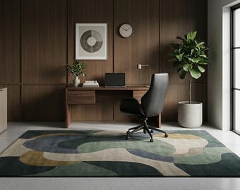 Hand Tufted Wool Area Rug, Abstract Green Beige Carpet, Custom Size Living Room Rug