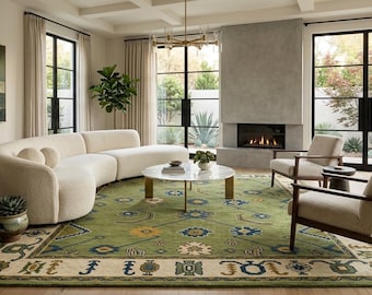 Hand Knotted Wool Rug, Vintage Green Persian Style Area Rug, Traditional Living Room Carpet