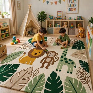 May include: A cream-colored children's rug with a jungle theme. The rug features a lion, monkey, and giraffe, along with green and brown leaf designs. Two children are playing on the rug in a playroom setting.
