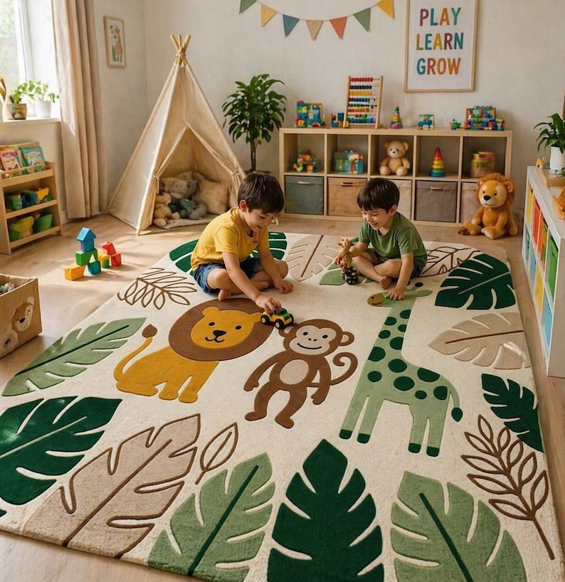 May include: A cream-colored children's rug with a jungle theme. The rug features a lion, monkey, and giraffe, along with green and brown leaf designs. Two children are playing on the rug in a playroom setting.