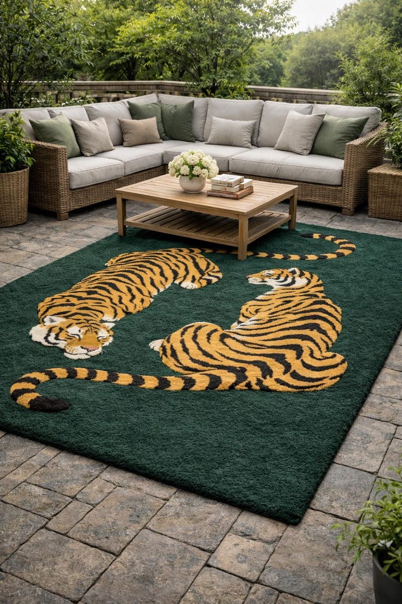 Hand Tufted Wool Tiger Rug, Green Jungle Wildlife Area Woll Carpet ...