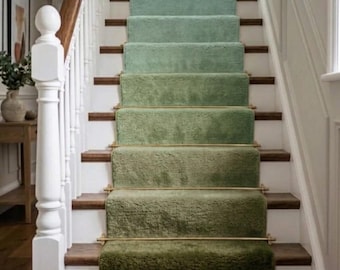 Hand-Tufted Wool Stair Runner Rug, Green Textured Custom Size Hallway Carpet