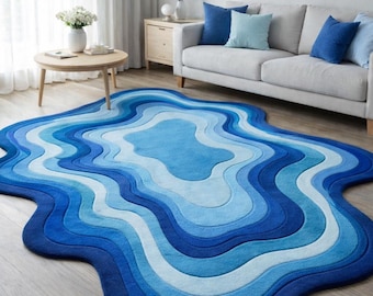 Blue Abstract Wave Area Rug – Hand-tufted Wool Contemporary Home Decor