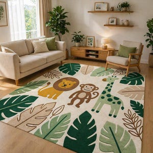 May include: A rectangular area rug with a jungle theme. The rug features a lion, monkey, and giraffe, along with large green and tan leaves. The background is off-white, and the rug is placed in a living room setting.