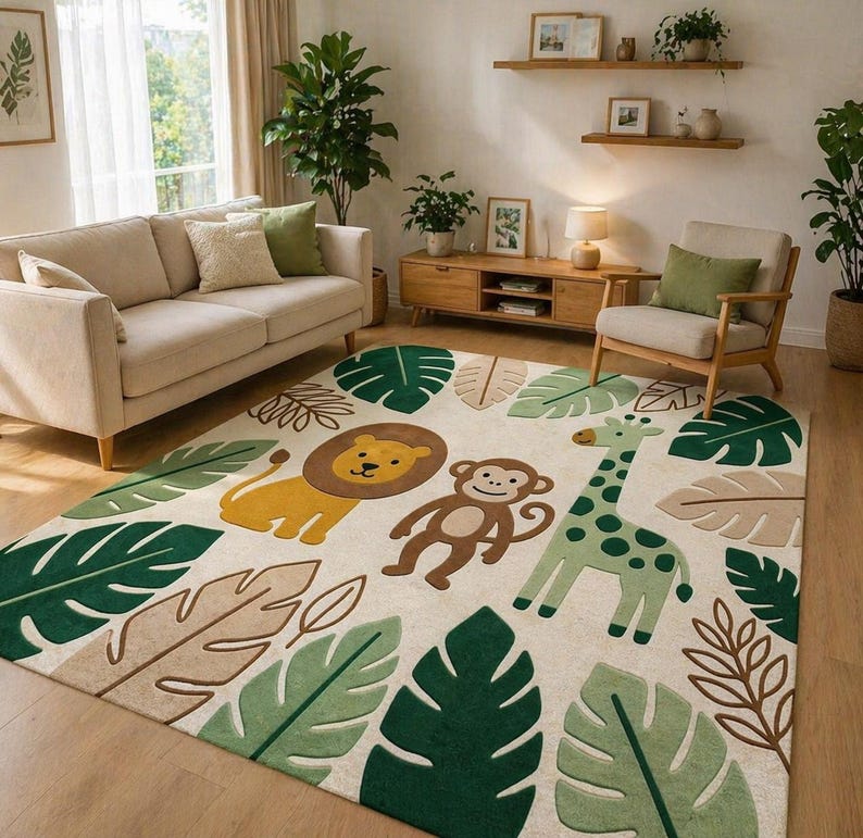 May include: A rectangular area rug with a jungle theme. The rug features a lion, monkey, and giraffe, along with large green and tan leaves. The background is off-white, and the rug is placed in a living room setting.