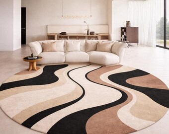 Hand Tufted Abstract Wavy Round Rug, Neutral Beige Black Living Room Carpet wool rugs