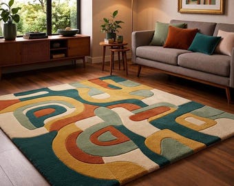 Hand-Tufted Wool Rug: Abstract Mid-Century Geometric Carpet (Teal, Mustard, Terracotta, Sage)