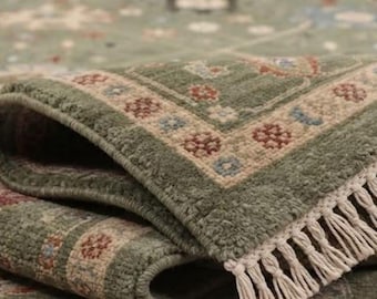 Hand-Knotted Wool Rug, Sage Green Floral Oriental Carpet, Traditional Living Room Area Rug