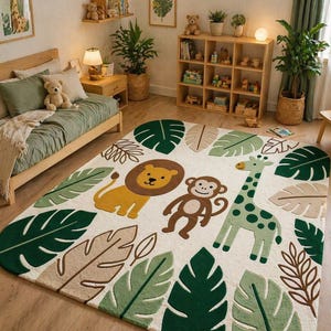 May include: A rectangular area rug with a jungle theme. The rug features a lion, monkey, and giraffe, surrounded by green, tan, and brown leaves. The background is off-white.