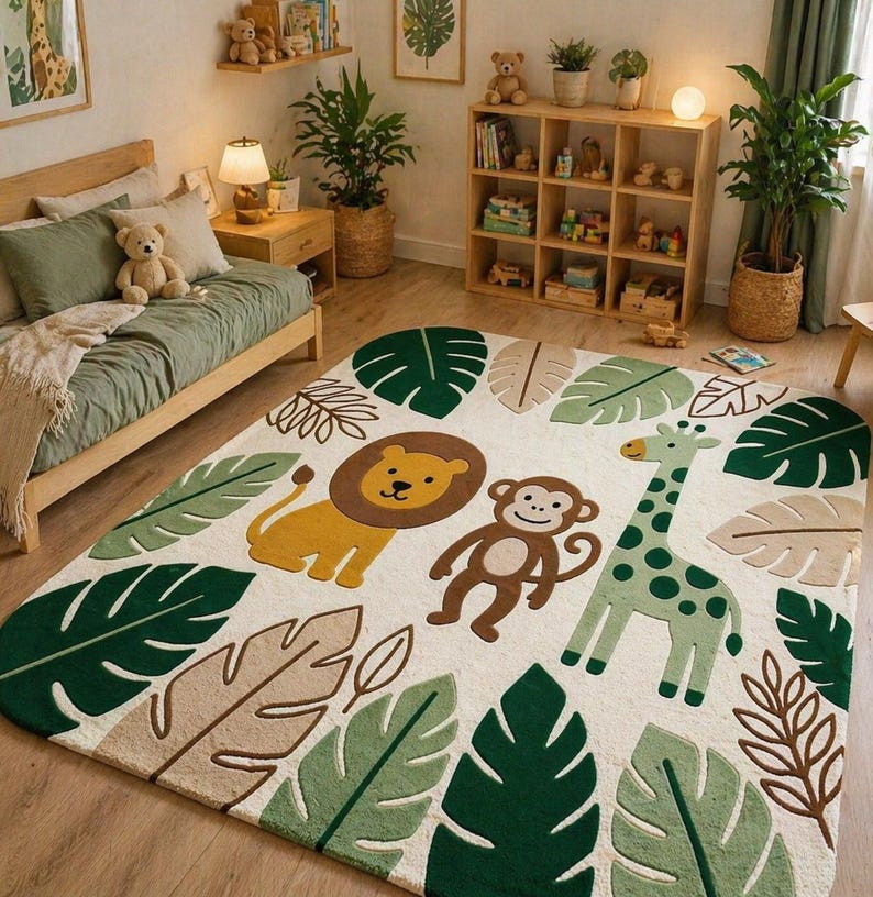 May include: A rectangular area rug with a jungle theme. The rug features a lion, monkey, and giraffe, surrounded by green, tan, and brown leaves. The background is off-white.