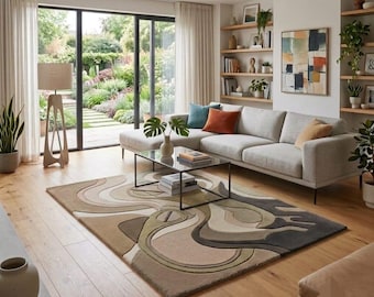 Hand-Tufted Wool Abstract Rug, Neutral Modern Area Carpet (Custom Size)