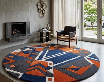 Hand Tufted Wool Rug: Geometric Abstract Blue Orange Round Carpet